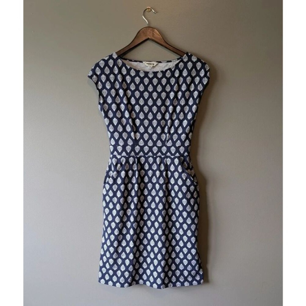 Boden Womens 2 2R XS Florrie Dress Navy Blue White Print Cotton Jersey Pocket